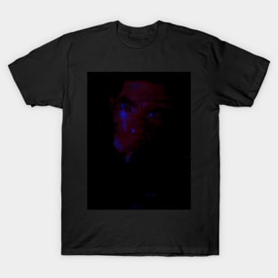 Portrait, digital collage and special processing. Man looking on us from darkness. Eyes. Red and blue. Darker eyes. T-Shirt